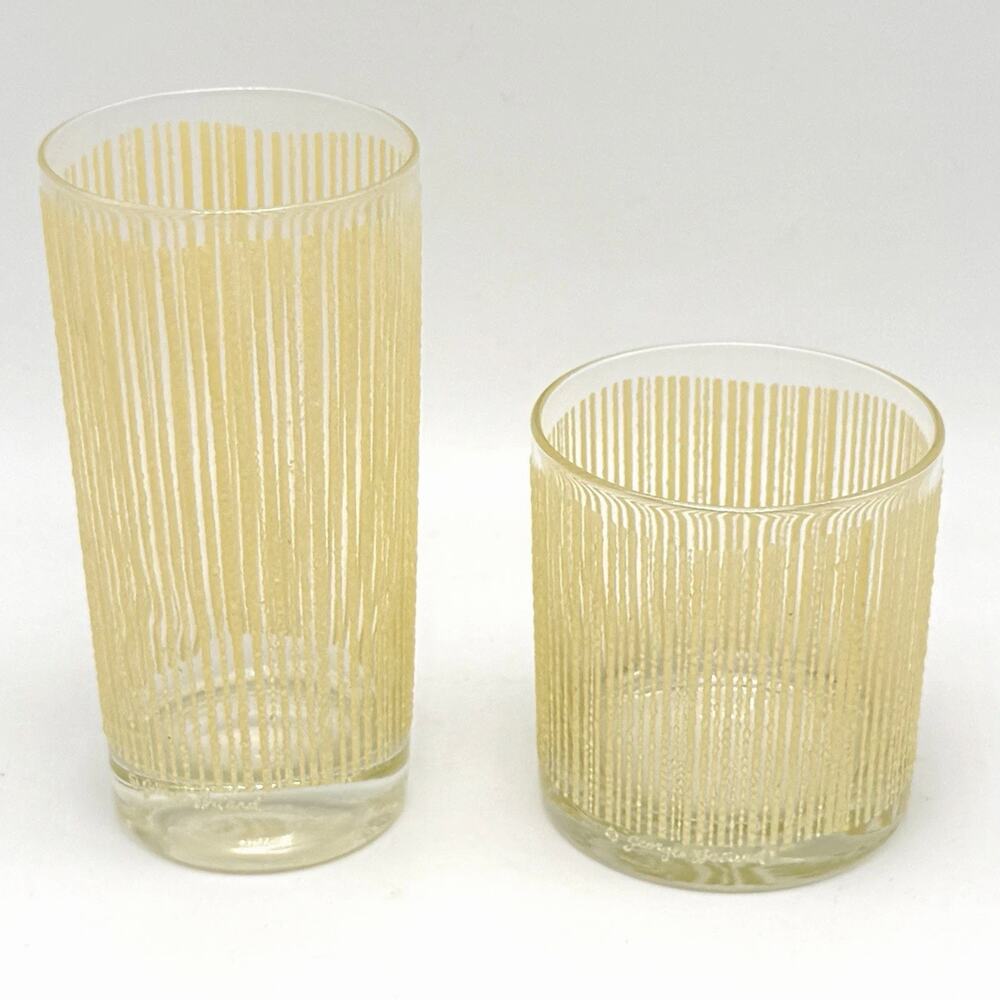 2 Georges Briard Gold Icicle Glasses Highball Lowball Textured Stripe Vintage